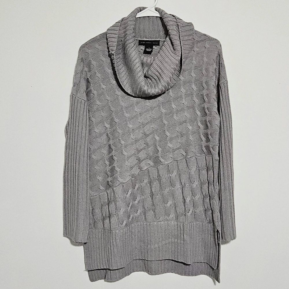 Joan‎ Vass Sweater Sz S Chunky Cable Knit Cowl Neck Gray Tunic Length
